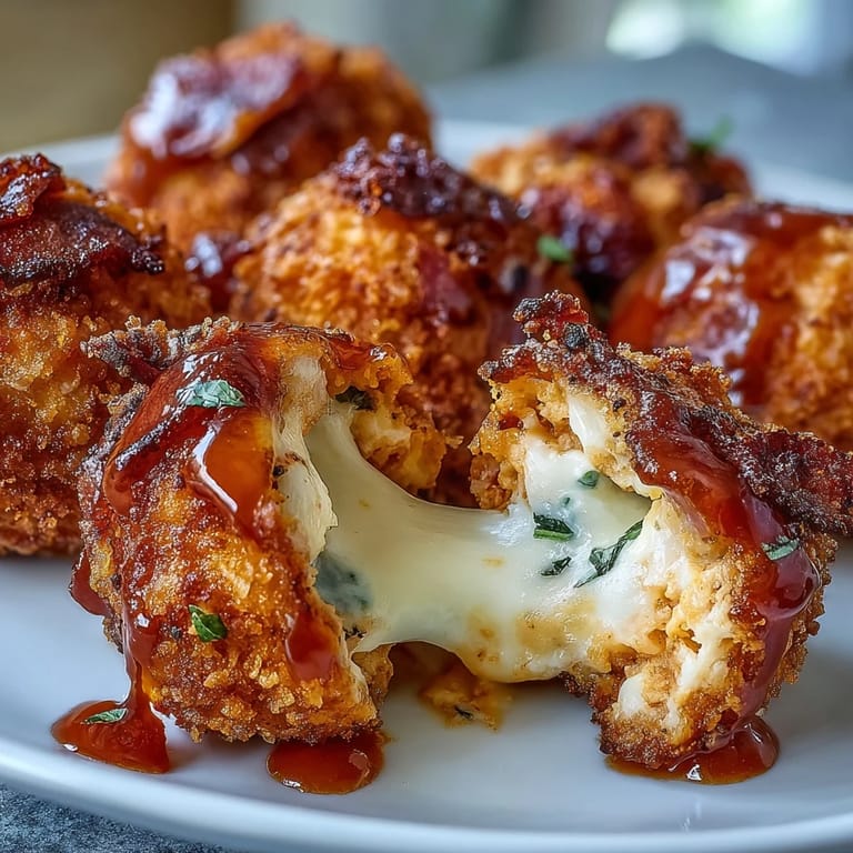 Golden-brown, crunchy Buffalo Chicken Bacon Mozzarella Bombs are ready to serve, paired with a creamy blue cheese dip for a spicy appetizer.