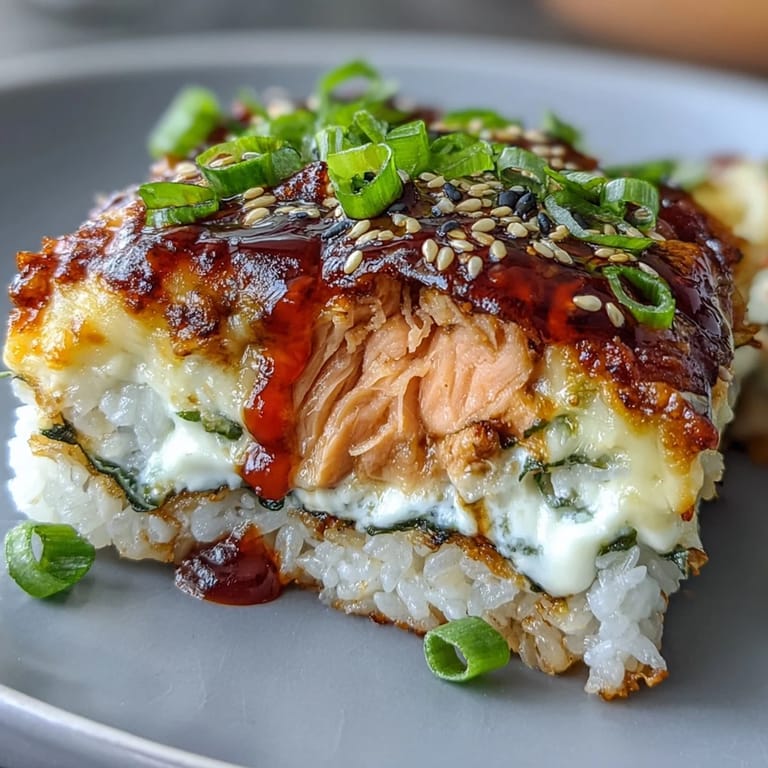 A warm scoop of Spicy Salmon Sushi Bake reveals fluffy rice, spicy salmon, and nori toppings.