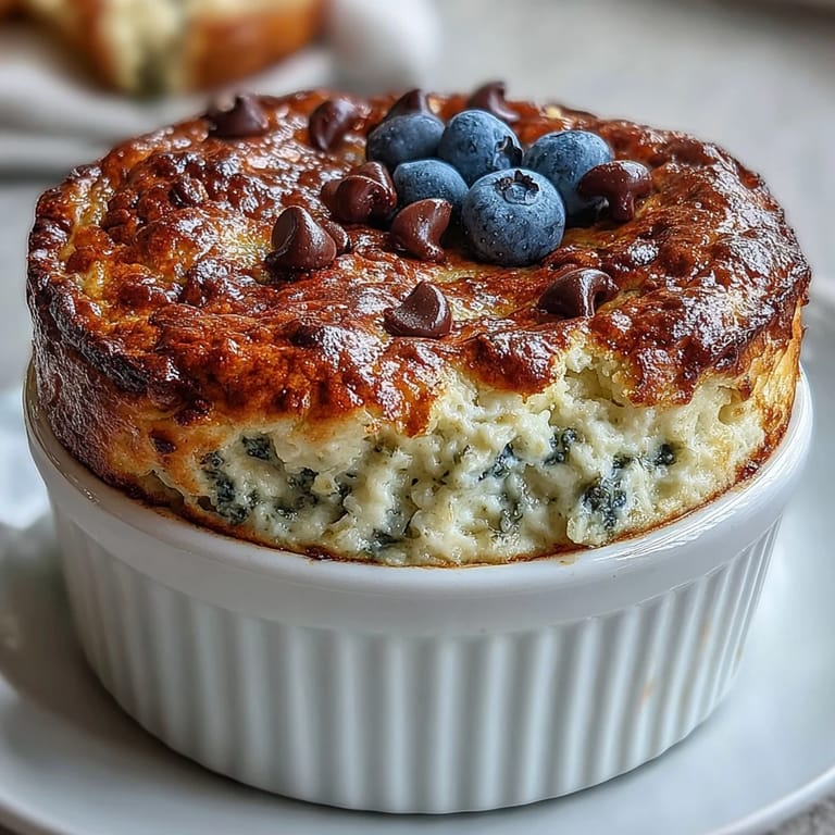 Fresh blueberries and sliced strawberries are baked into this fluffy Baked Protein Pancake Bowl, adding a burst of color and sweetness.