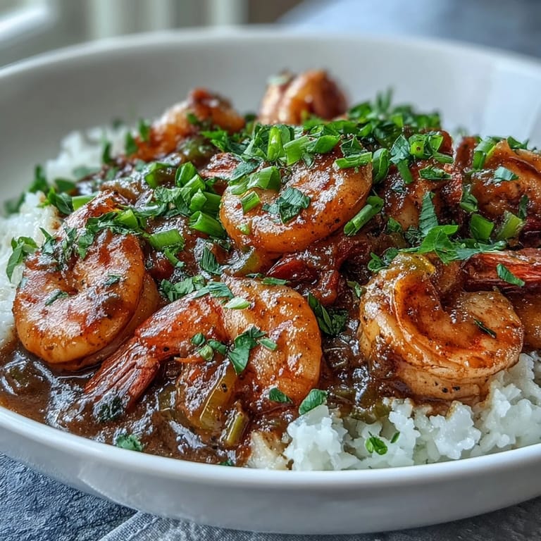 Fluffy white rice topped with a hearty serving of Classic New Orleans Étouffée, garnished with fresh parsley and green onions.