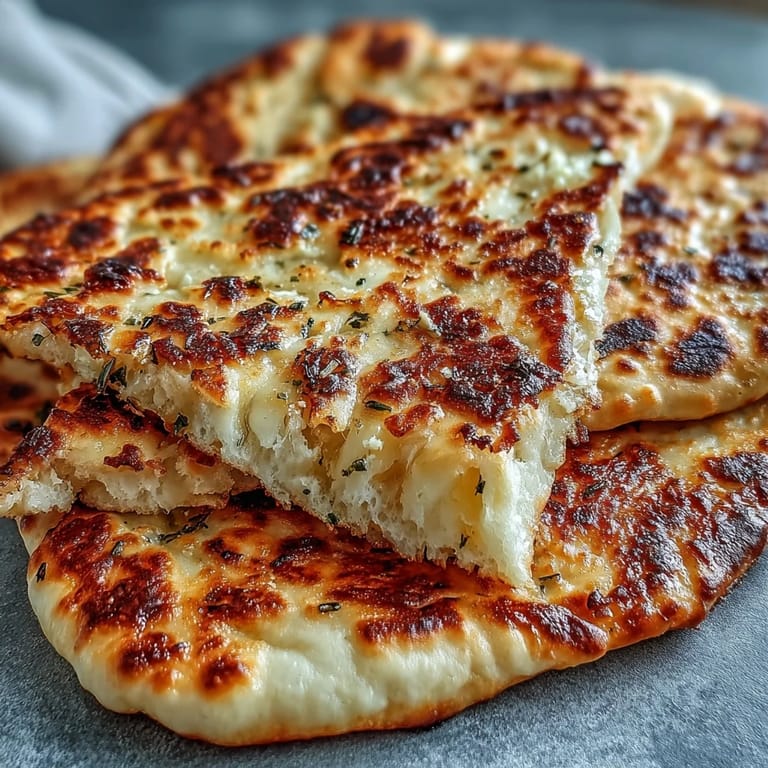 Homemade Best Easy Garlic Naan Bread alongside a flavorful bowl of curry, perfect for scooping or dipping.