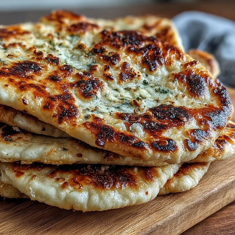 Soft, fluffy Best Easy Garlic Naan Bread resting on a wooden board with minced garlic and butter nearby.