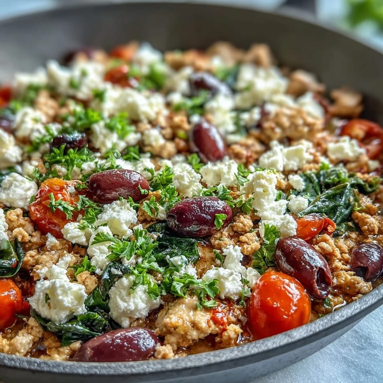 Juicy Mediterranean Keto Ground Chicken Skillet with sautéed onions, garlic, sweet cherry tomatoes, and wilted spinach ready for a low-carb dinner.