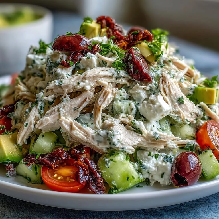 Chilled Tzatziki Chicken Salad mixed with dill, lemon, and diced avocado, perfect for a light gluten-free lunch.