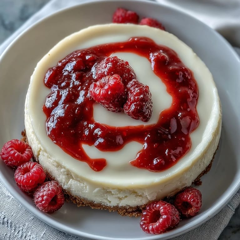 The full Indulgent White Chocolate Raspberry Cheesecake Bliss is garnished with fresh raspberries and a drizzle of sauce on a marble board, ready to serve.
