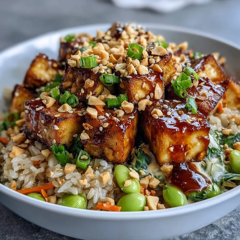Close-up view of the Peanut Tofu Power Bowl, featuring golden tofu cubes and fresh herbs garnishing a hearty, gluten-free dinner.