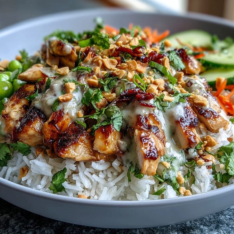 Sliced grilled chicken and crisp vegetables arranged over aromatic coconut rice, topped with chopped peanuts and lime wedges.