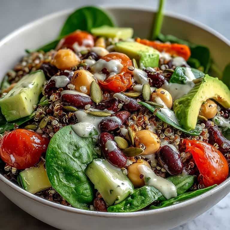 Healthy Three-Bean Power Bowl topped with creamy avocado slices, a nutritious meal.