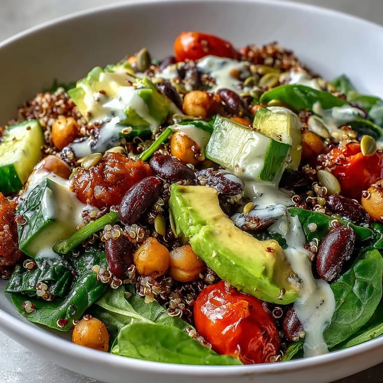 Colorful Three-Bean Power Bowl ready for serving, a satisfying meatless main.
