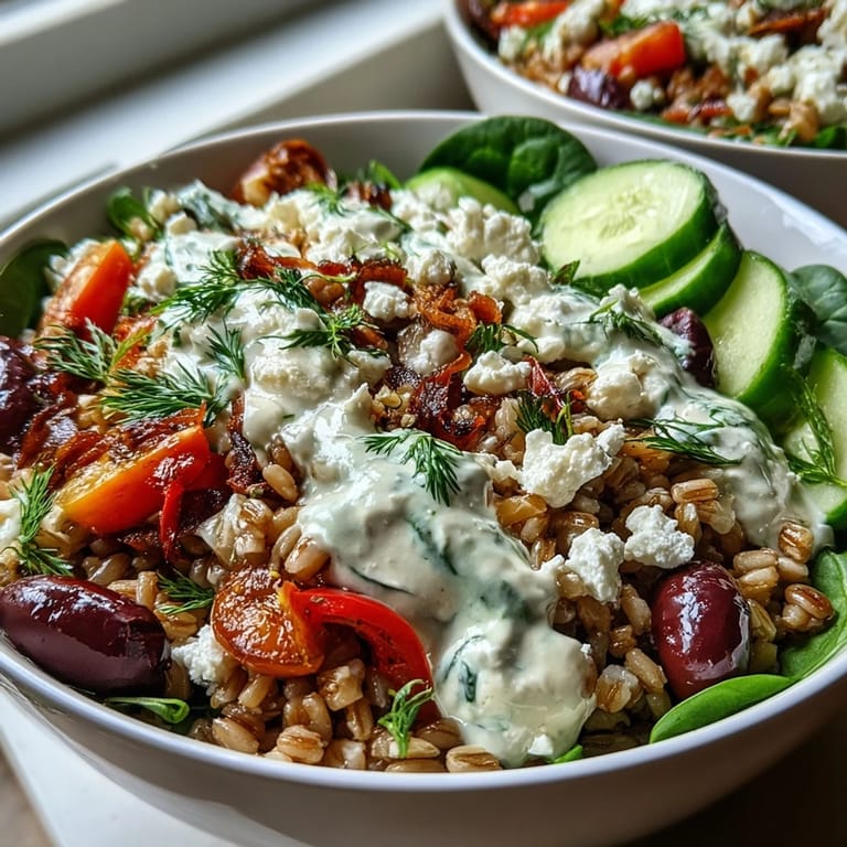 A finished Mediterranean Farro Bowl topped with feta, parsley, and Kalamata olives, drizzled with creamy tahini dressing.