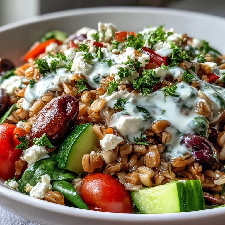 An overhead view of a Mediterranean Farro Bowl with spinach and chickpeas, ready to serve on a rustic table.