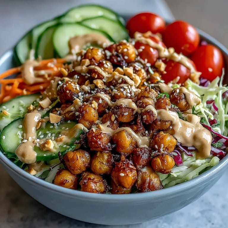 A vibrant Peanut Chickpea Protein Bowl, showcasing sweet, savory peanut sauce drizzled.
