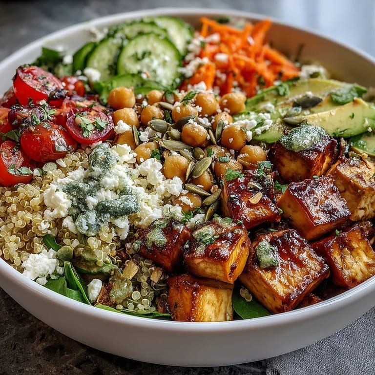 A fresh and colorful lunch bowl topped with crunchy pumpkin seeds, cucumber, and fresh herbs for vibrant flavor.