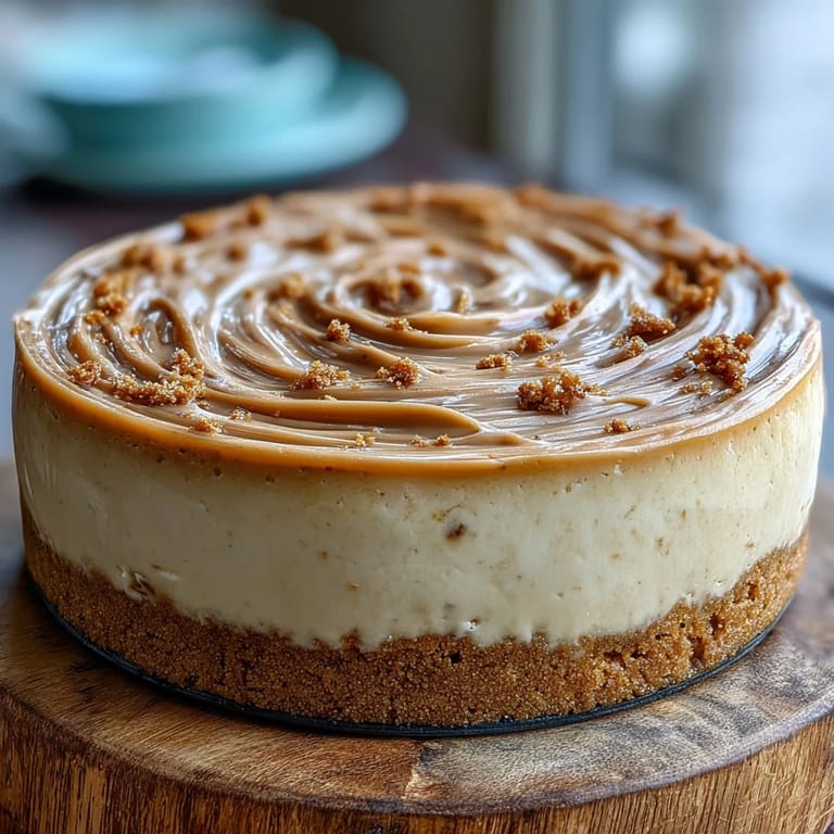 A whole Hojicha Cheesecake in a springform pan, topped with a rustic swirl, sits on a marble counter next to loose tea leaves.