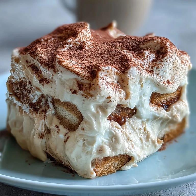 A chilled Hojicha Tiramisu slice showing airy mascarpone cream and a rich hojicha syrup soak.