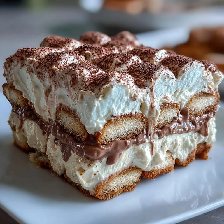 Dessert serving of Hojicha Tiramisu on a plate, ready to eat with a fork and hojicha dust.