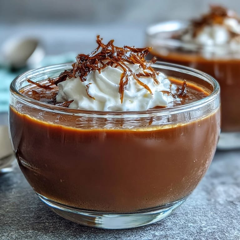 Creamy Japanese Hojicha Pudding served chilled in a glass, garnished with delicate cocoa powder.