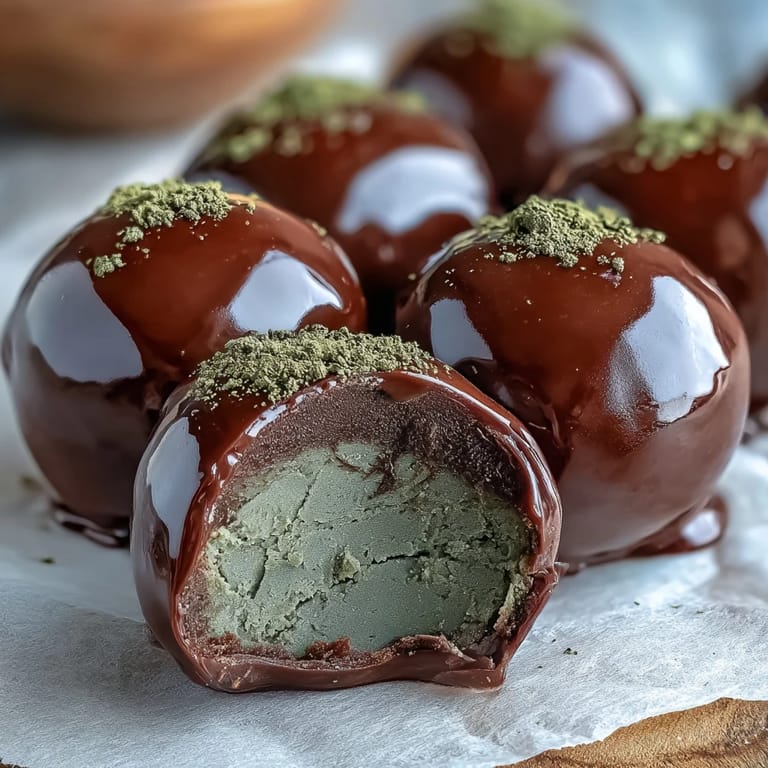 Frosted with roasted tea powder, Hojicha Truffles are arranged on parchment, highlighting their rich, earthy color and smooth texture.