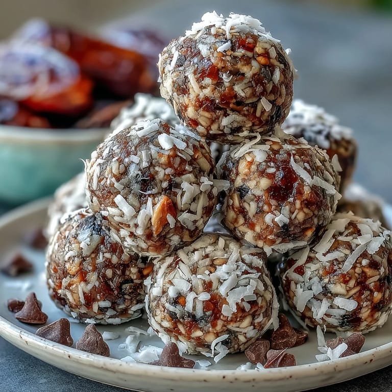 A close-up of no-bake Hojicha Energy Balls studded with cacao nibs, served on a white plate with matcha tea.