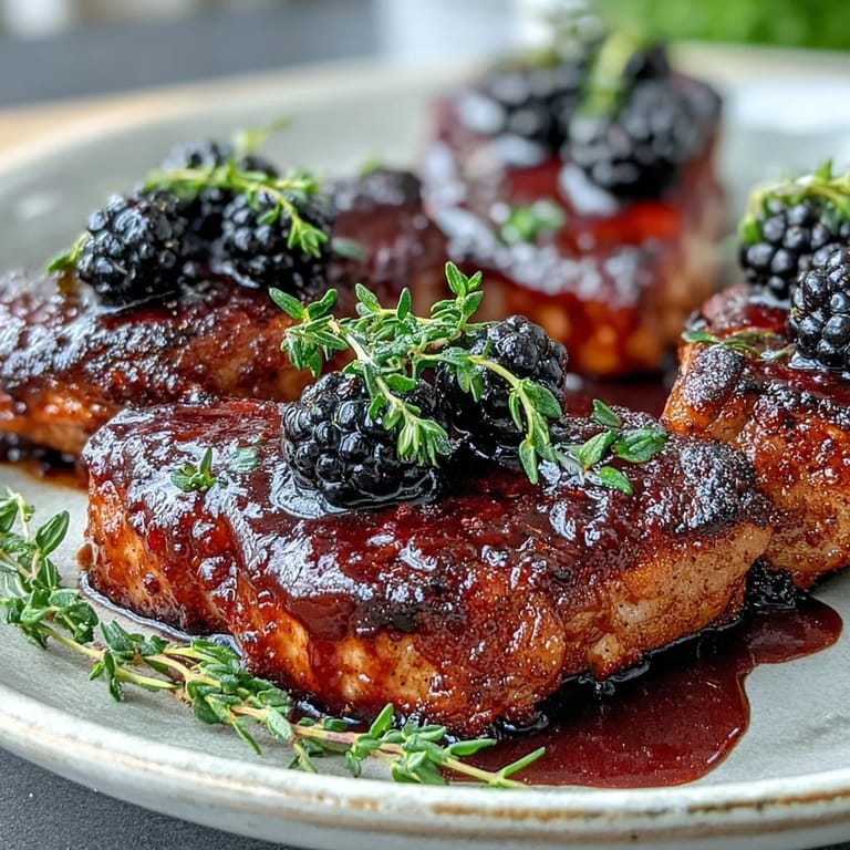 Ready-to-eat Bourbon Blackberry Pork Chops plated with mashed potatoes, drizzled with sweet and tangy blackberry bourbon sauce.
