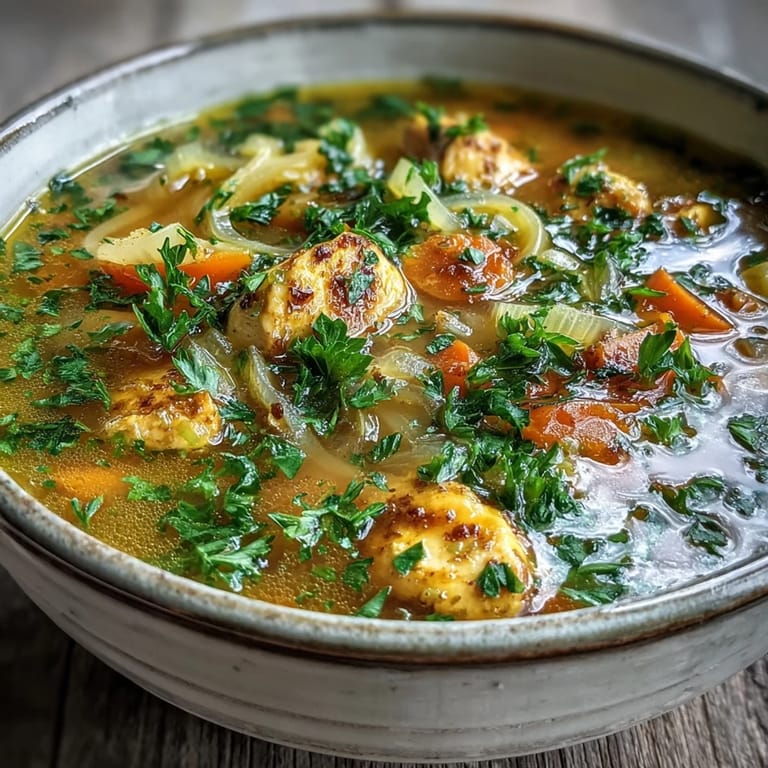 Vibrant orange-gold Ginger Turmeric Chicken Soup served hot alongside crusty bread for dipping.