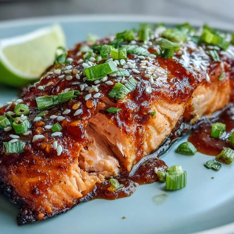 Seared Bang Bang Salmon drizzled with zesty sauce, topped with fresh green onions and lime.