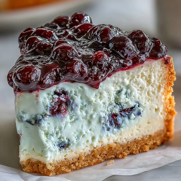Whole Lemon Blueberry Shortbread Mousse Cake with a rustic blueberry swirl topping, garnished with fresh berries and lemon zest.