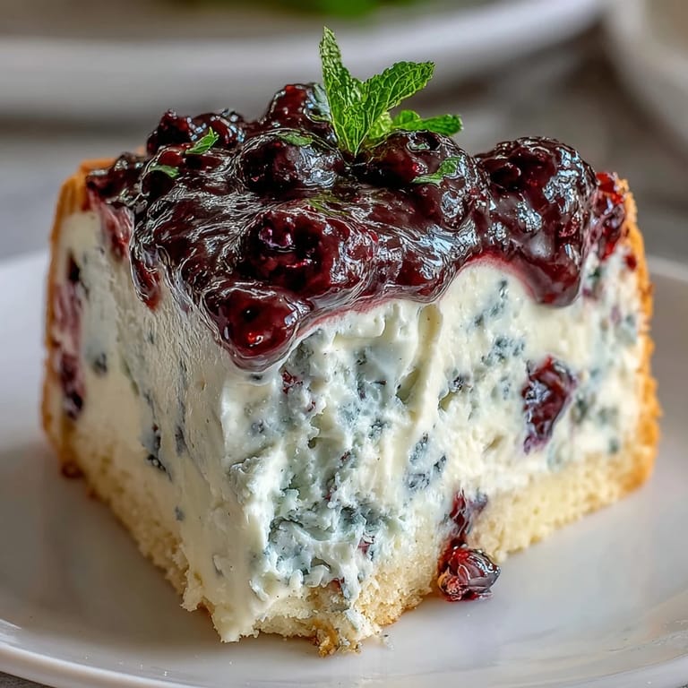 A plated slice of Lemon Blueberry Shortbread Mousse Cake with a golden shortbread crust, ready to be served at a summer party.