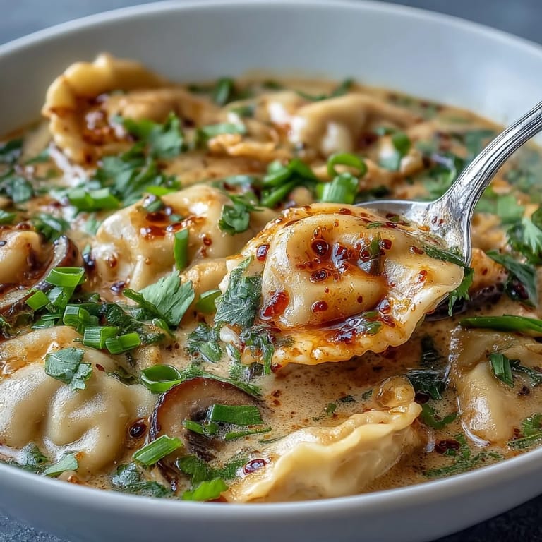 Serving of Quick Coconut Curry Soup with Dumplings topped with crunchy garlic and scallion greens.