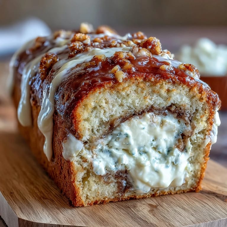 Overhead view of Cream Cheese Cinnamon Swirl Protein Loaf in a loaf pan, highlighting the golden crust and decadent cinnamon swirls.