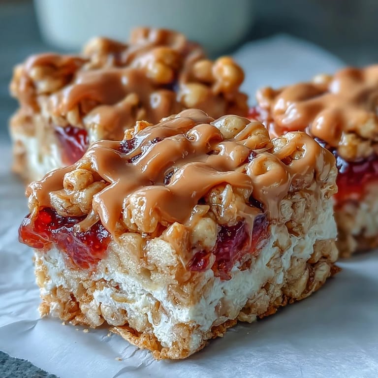 A single serving of High-Protein PB&J Rice Krispie Bars is topped with melted peanut butter protein drizzle and strawberry jelly.