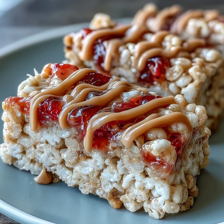 Close-up texture shot of High-Protein PB&J Rice Krispie Bars showing crunchy crisped rice cereal and gooey jelly layers.