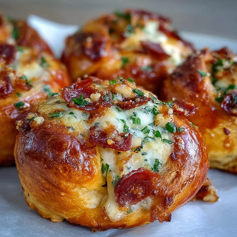Freshly baked Pizza Roll Stuffed Garlic Knots reveal melted mozzarella and pepperoni filling, arranged on parchment with a small bowl of warm marinara for dipping.