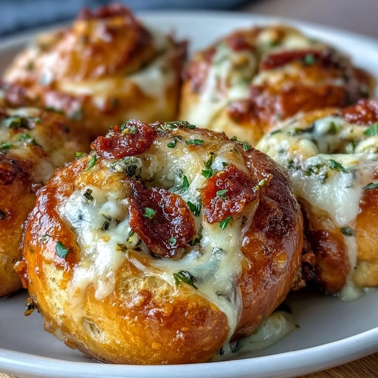 Homemade Pizza Roll Stuffed Garlic Knots on a white plate, showcasing soft golden dough, garlic butter sheen, and melty cheese perfect for game day snacks.