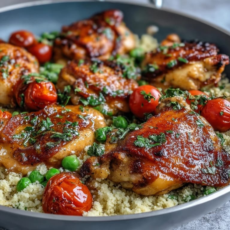 Golden-seared chicken atop couscous in this One-Pan Garlic Butter Chicken Couscous, ready to serve with a lemon wedge.