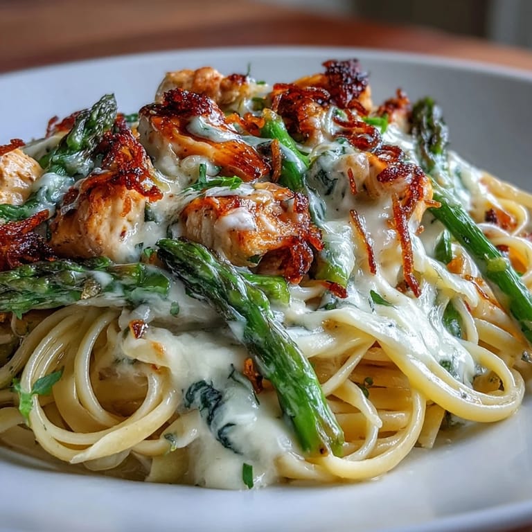 Steaming plates of Creamy Asiago Chicken & Asparagus Pasta feature juicy chicken, crispy roasted asparagus spears, and a velvety Asiago cheese sauce.