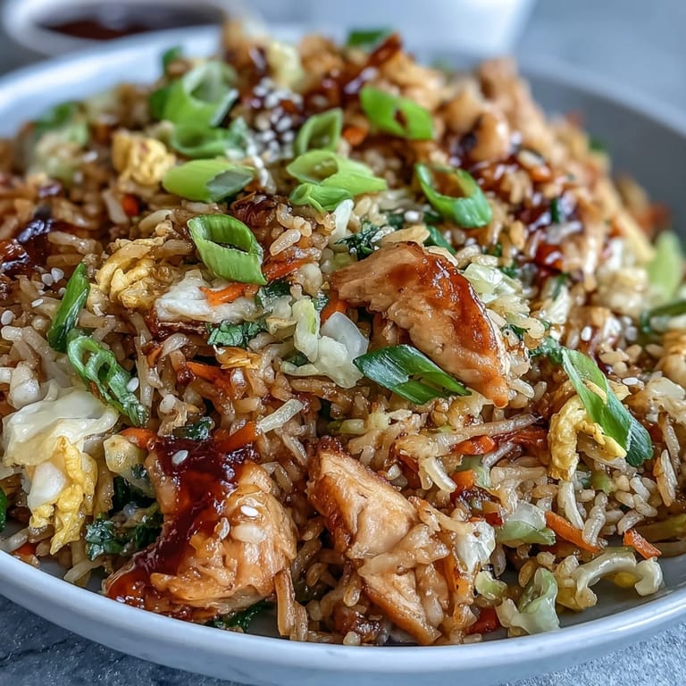 A close-up view of a freshly prepared Egg Roll Fried Rice with Chicken, highlighting fluffy rice, crisp vegetables, and tender chicken pieces.