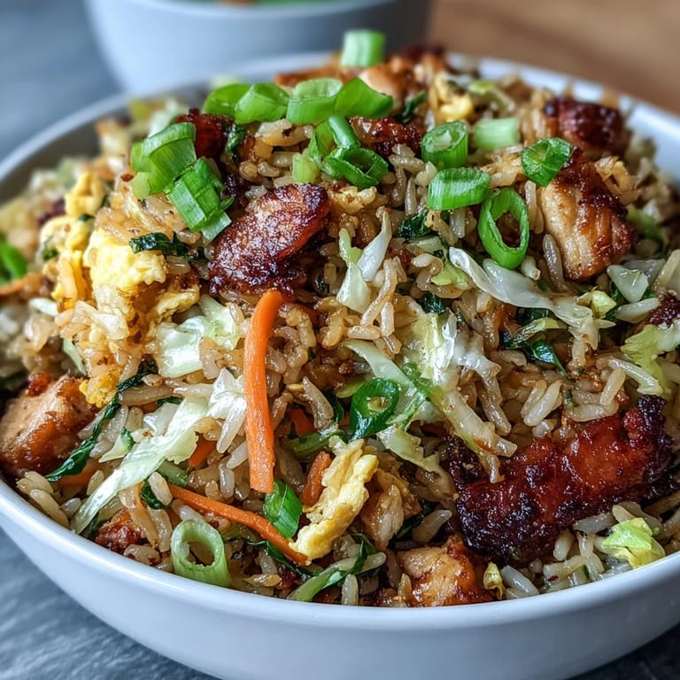 This savory Egg Roll Fried Rice with Chicken features scrambled eggs, julienned carrots, and bean sprouts, garnished with sliced green onions.