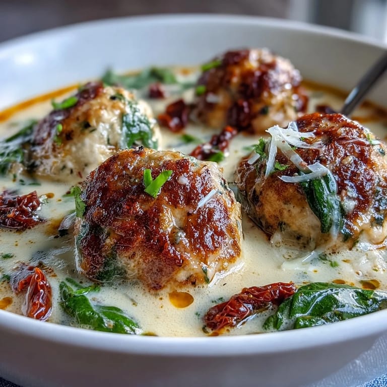 Hearty Creamy Tuscan Turkey Meatball Soup with turkey meatballs, wilted spinach, and sun-dried tomatoes in a creamy broth.