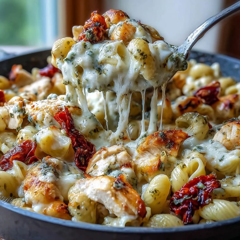 A hearty bowl of Pesto Chicken Chili Mac topped with fresh basil and a golden Parmesan melt.