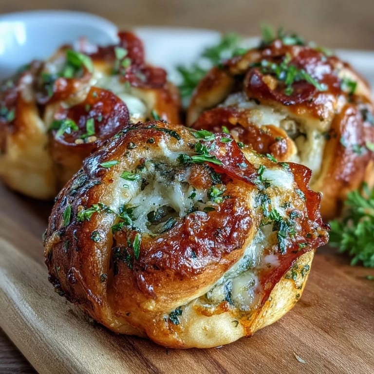 Warm Pizza Roll Stuffed Garlic Knots brushed with garlic butter and fresh parsley, perfect for game day.