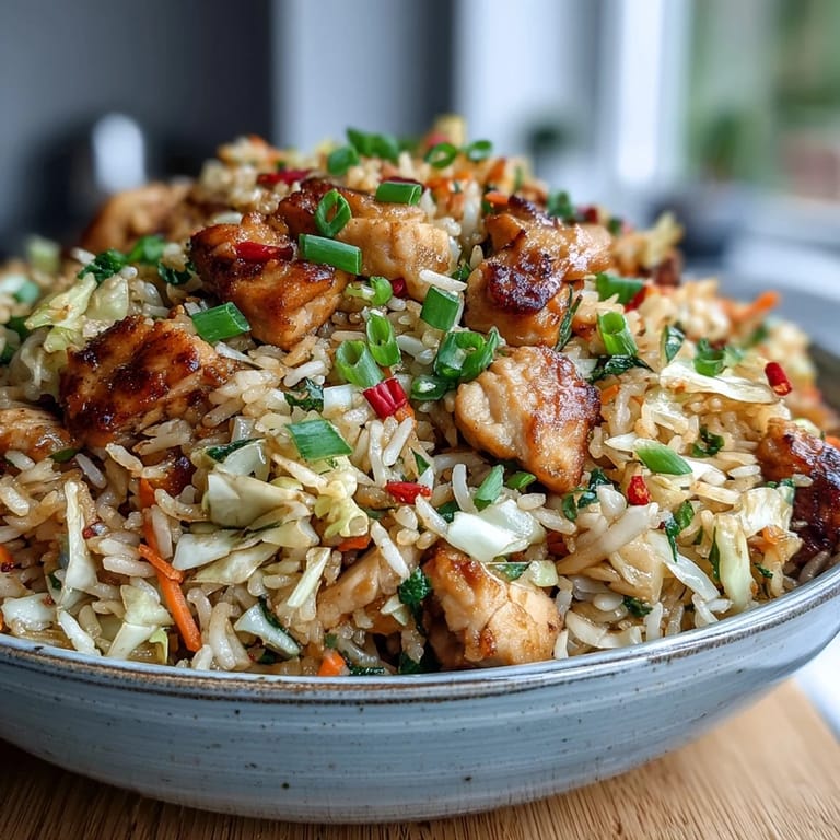Steaming plate of Egg Roll Fried Rice with Chicken served alongside chopsticks for an easy weeknight Asian-inspired meal.