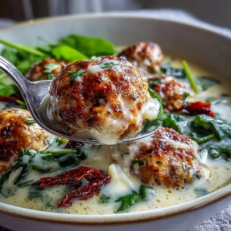 Bright sun-dried tomatoes and golden turkey meatballs sit atop a serving of Tuscan soup.