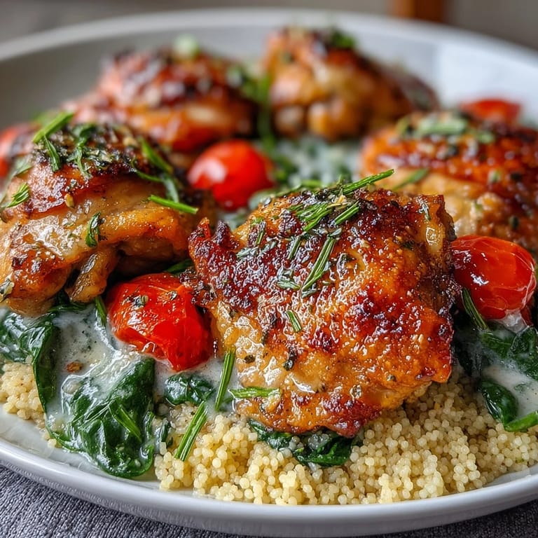 Sizzling One-Pan Garlic Butter Chicken Couscous in a cast-iron skillet, featuring seared chicken and vibrant vegetables.