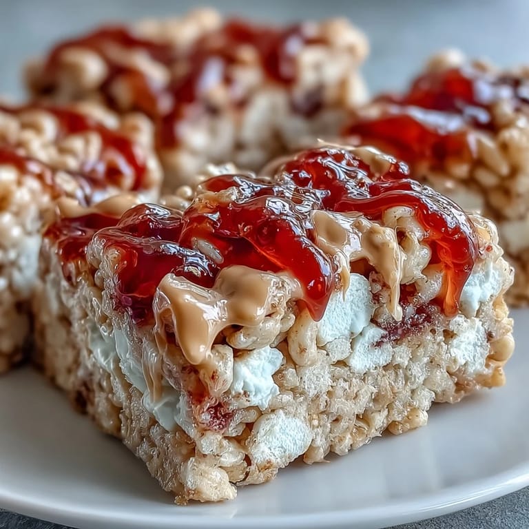 Freshly made High-Protein PB&J Rice Krispie Bars topped with a thick peanut butter glaze and ruby-red jelly dollops on marble.