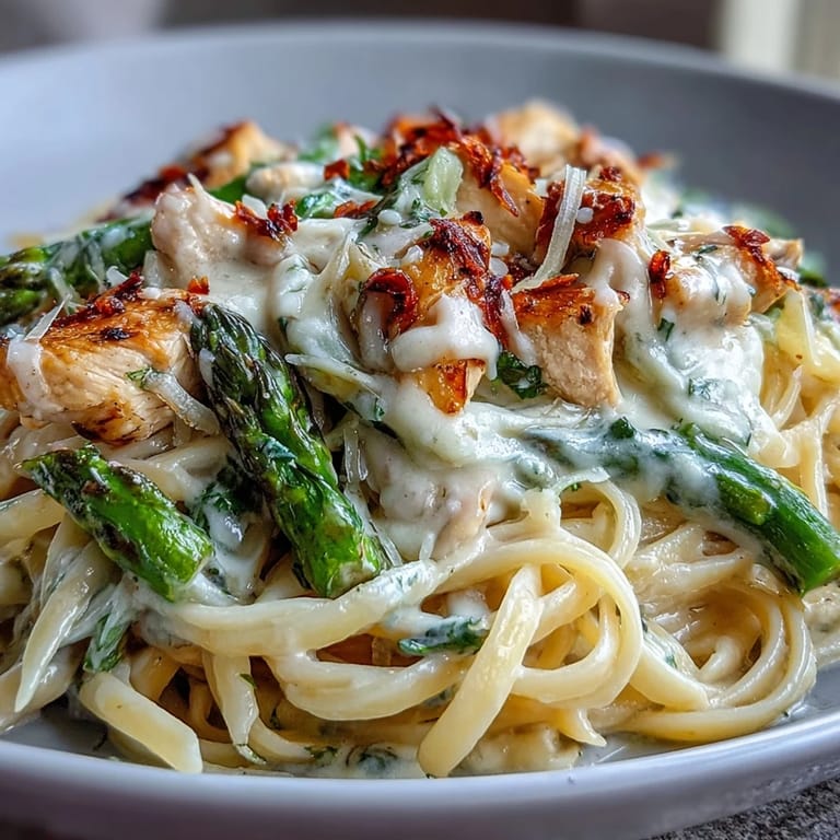 A close-up of Creamy Asiago Chicken & Asparagus Pasta with melted cheese sauce clinging to tender chicken pieces.