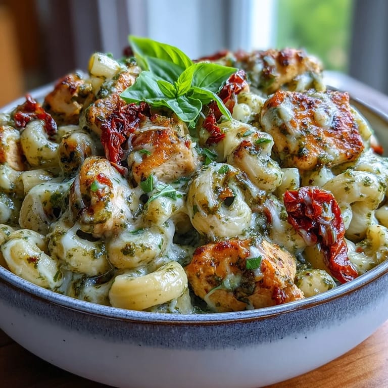 A hearty one-pot Pesto Chicken Chili Mac served in a rustic white bowl, garnished with fresh basil.  
