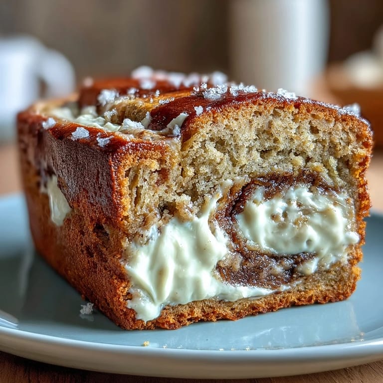 A moist slice of Cream Cheese Cinnamon Swirl Protein Loaf showing the thick cream cheese ribbon and warm cinnamon aroma.