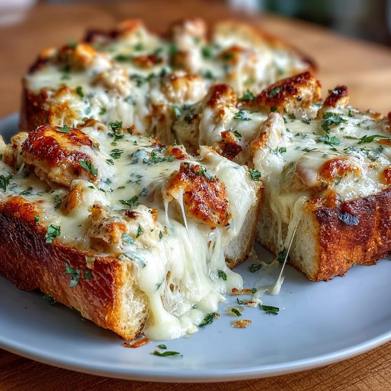 Close-up shot of the finished Chicken Alfredo Garlic Bread, sliced and ready to serve, showing the golden cheese crust and creamy sauce.