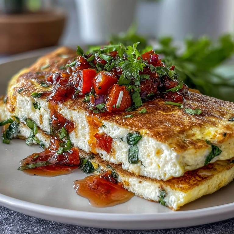 Protein-packed veggie omelette with vibrant cherry tomatoes and red onion, folded and garnished with fresh salsa for a colorful, low-calorie meal.
